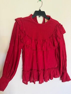 FARM Rio Crimson Ruffle Heart-Embroidered Blouse